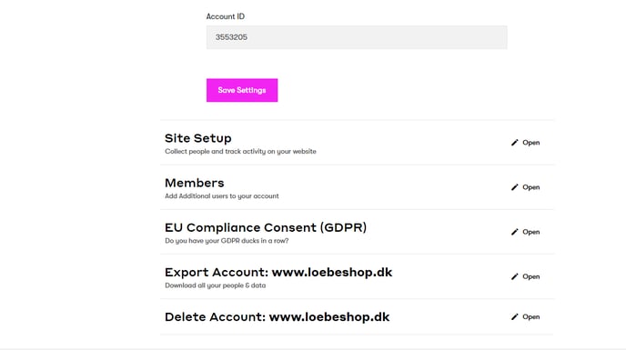 Site Setup 
Members 
Eu Compliance Consent (GDPR) 
Export Account: WWW.Ioebeshop.dk 
Delete Account: www.loebeshop.dk , Billede